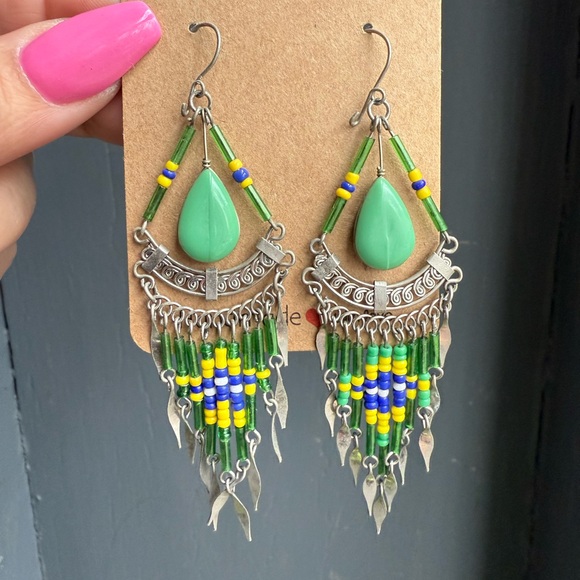 Brazil Green and Silver Beaded Chandelier Earrings - Picture 1 of 2
